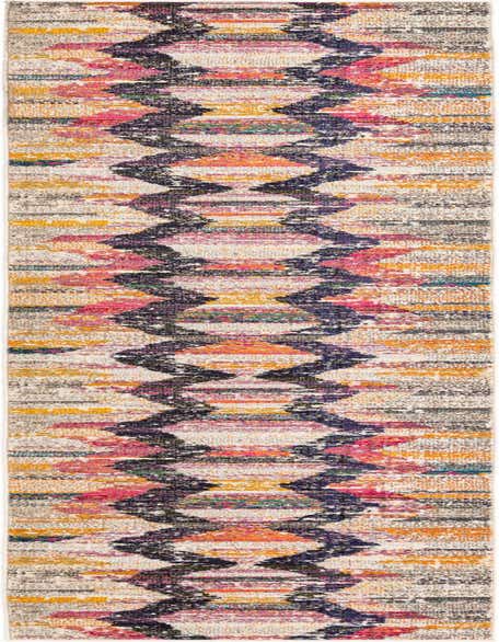 A vibrant multi-colored runner rug with a tribal pattern, featuring shades of pink, orange, yellow, and blue on a light background, perfect for a hallway.