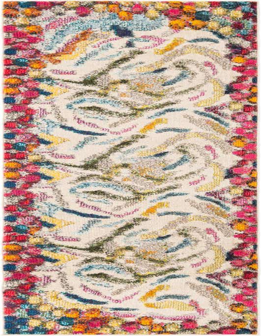 A vibrant 8 ft runner rug with a multi-colored abstract pattern on a cream background, featuring a bold fuchsia border.