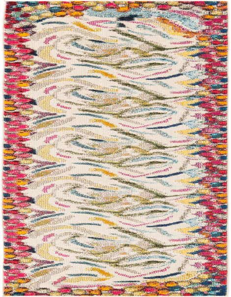 A 12 ft runner rug with a multi-colored abstract pattern on an ivory background, featuring a vibrant border of pink, yellow, and blue.
