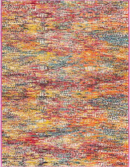 A 12 ft multi-colored runner rug with an abstract tribal pattern, featuring vibrant hues of yellow, orange, pink, and teal, ideal for a hallway.