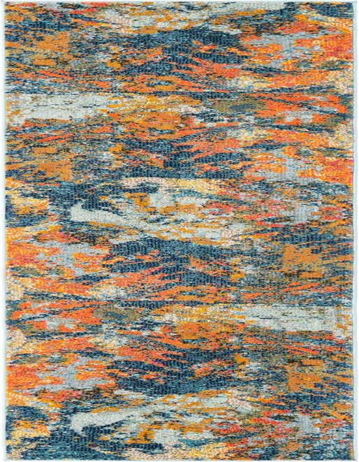 A multi-colored 8 ft runner rug with an abstract modern pattern in shades of orange, blue, and grey, perfect for a hallway or kitchen.