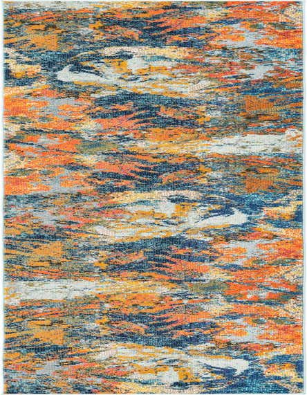 A 12 ft runner rug with an abstract, multi-colored pattern in shades of orange, blue, and gray, ideal for a hallway.