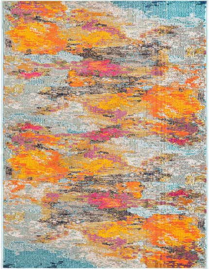 A 12 ft multi-colored runner rug with an abstract modern pattern in vibrant orange, pink, yellow, and blue tones, ideal for a hallway.