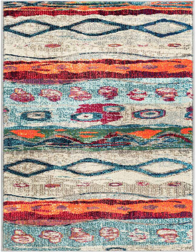 A multi-colored 6 ft runner rug with a modern abstract pattern featuring stripes of red, orange, blue, and teal.