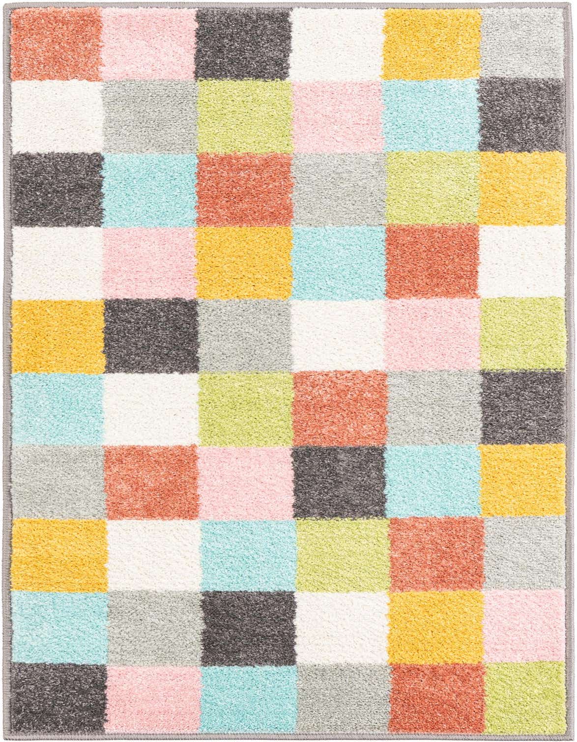 A 4 ft runner rug featuring a playful, multi-colored checkerboard pattern with a thin pile, ideal for a hallway.