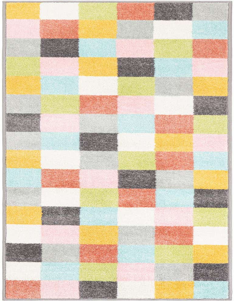 A 6 ft runner rug featuring a playful multi-colored checkered pattern in soft pastel shades of pink, blue, green, yellow, white, and gray.