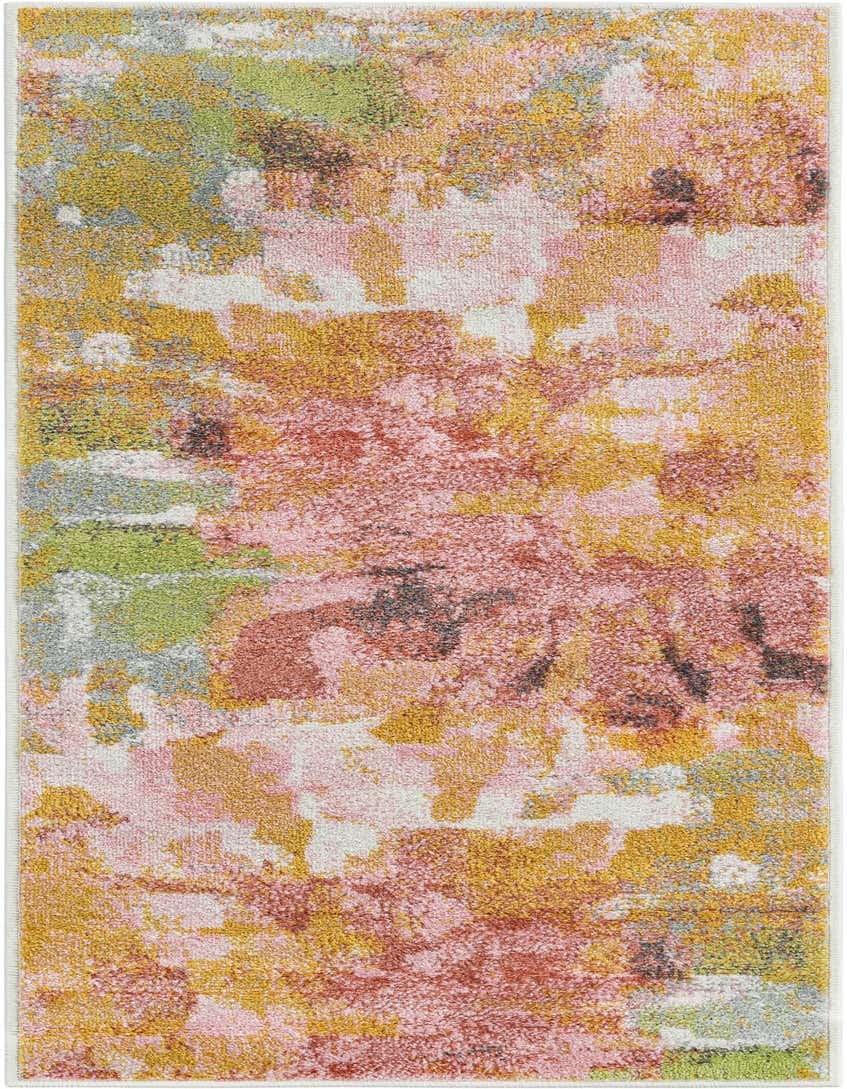 A 5 ft multi-colored runner rug with an abstract pattern in shades of pink, yellow, green, and grey, ideal for a hallway.