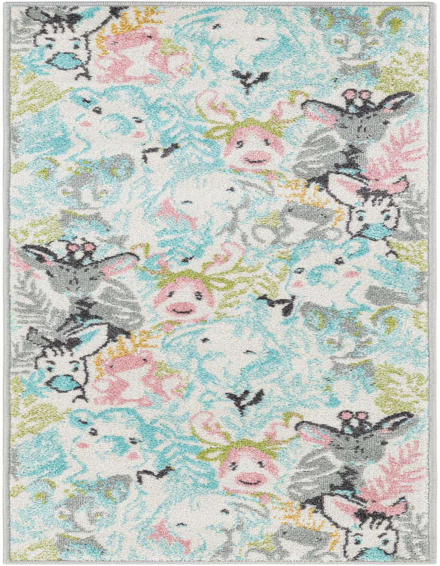 A multi-colored 5 ft runner rug featuring a playful modern pattern of smiling cartoon animals like zebras, giraffes, and deer on a light background, ideal for a child's hallway.