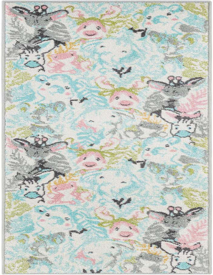 A 6 ft runner rug featuring a playful, multi-colored modern pattern of cartoon animals like giraffes, pigs, and zebras on a light background, perfect for a kids' hallway.