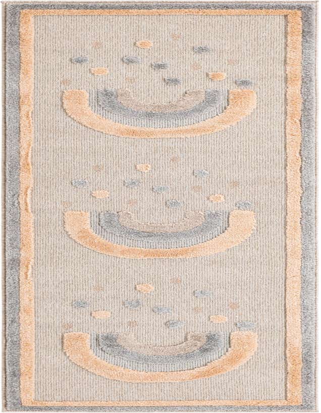 A multi-colored 8 ft runner rug with a playful pattern of peach and gray rainbows and dots, framed by a border.