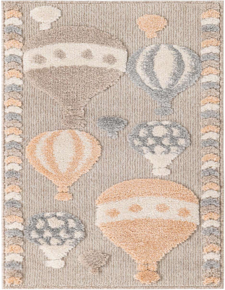 A multi-colored 4 ft runner rug featuring various hot air balloons in shades of grey, beige, and peach, with a textured pile.