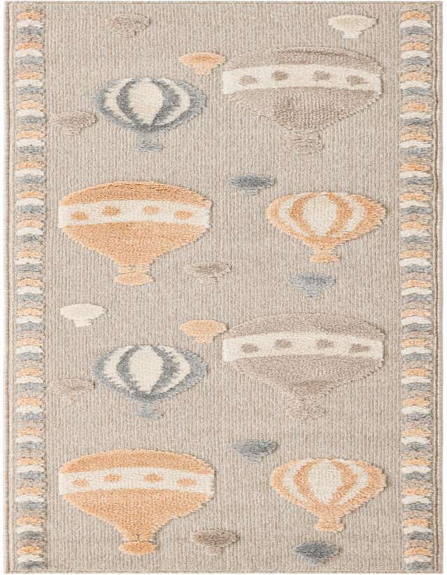 A multi-colored 8 ft runner rug featuring whimsical hot air balloons and clouds in peach, blue, and beige on a light gray background, with a decorative border.