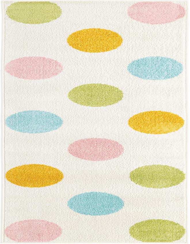 A 6 ft runner rug with a white background and large, colorful polka dots in green, yellow, pink, and blue, perfect for a child's room or hallway.