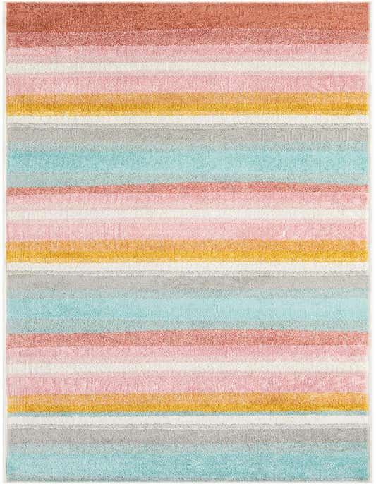 A 10 ft runner rug featuring modern stripes in various colors including pink, coral, white, yellow, grey, and teal, ideal for a hallway.