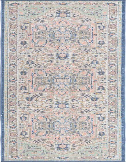 A 12 ft multi-colored runner rug with a vintage medallion pattern in shades of blue, pink, and grey, ideal for a hallway.