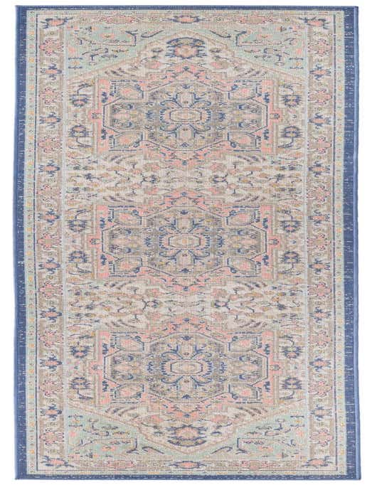 A multi-colored 8 ft runner rug with a vintage medallion pattern in shades of blue, pink, and beige, ideal for a hallway or kitchen.
