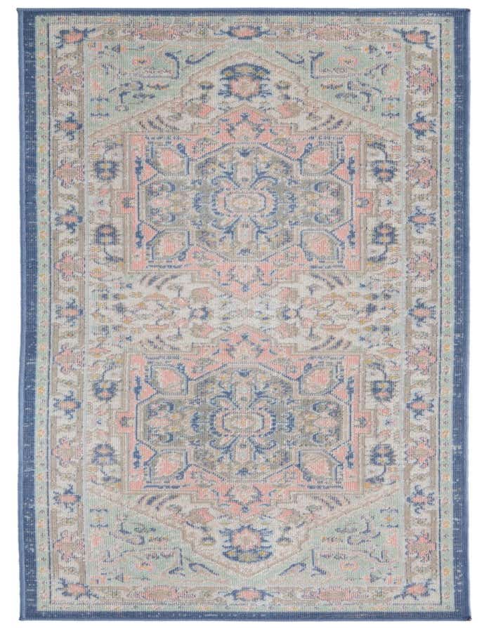 A 6 ft runner rug with a multi-colored medallion pattern in shades of blue, pink, and beige, featuring a flatweave texture.