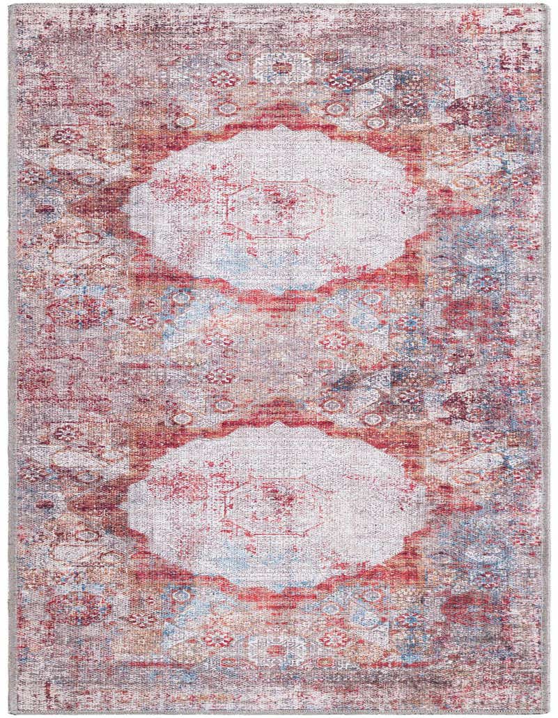 A 5 ft multi-colored runner rug with a distressed traditional medallion pattern in red, blue, and cream, ideal for a hallway.