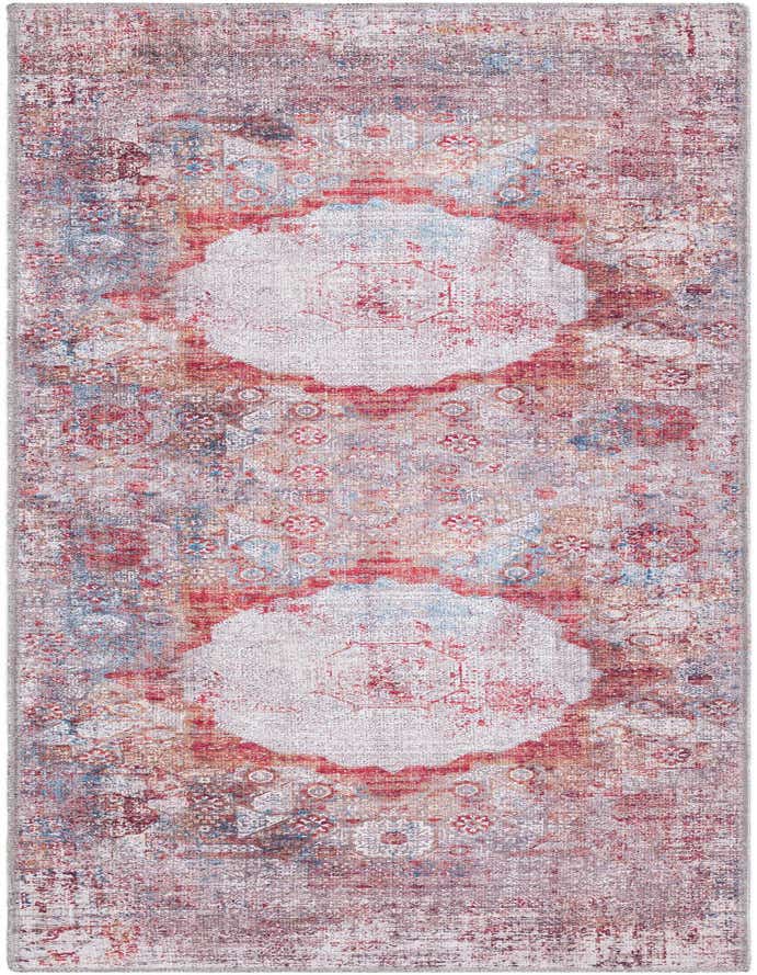 A 6 ft multi-colored runner rug with a distressed traditional medallion pattern in shades of red, blue, and cream.