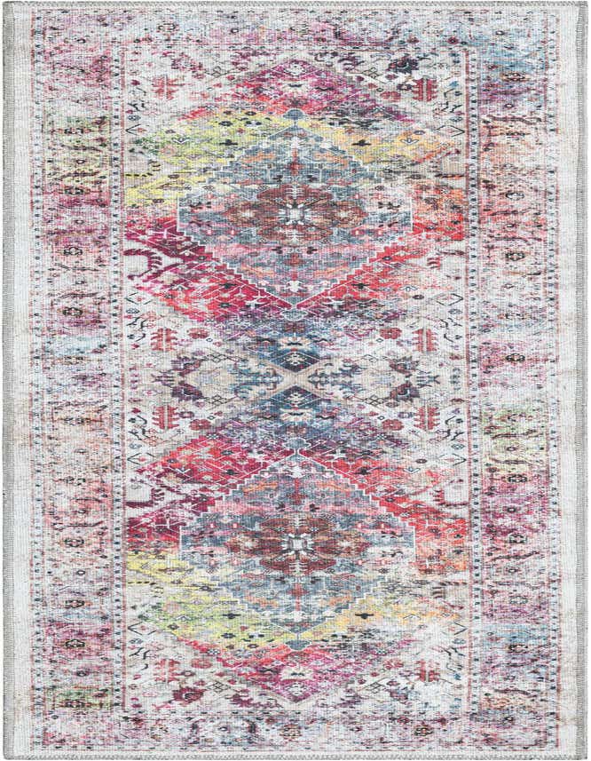 A 6 ft multi-colored tribal runner rug with bohemian medallion patterns, ideal for a hallway or kitchen.