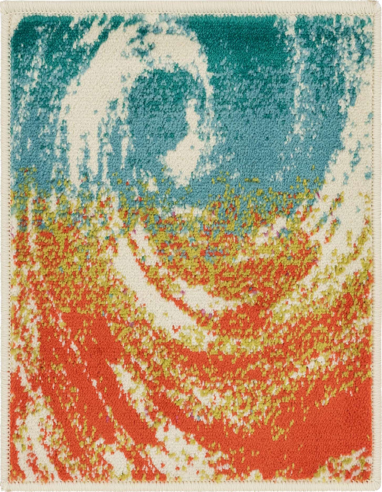 A 1' 8 x 1' 8 rectangular sample rug with an abstract, eclectic pattern in teal, orange, yellow, and cream, featuring a swirling design.