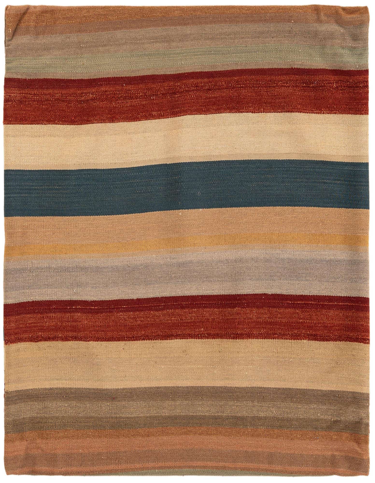 A 3' 3 x 3' 3 square wool rug featuring horizontal stripes in various colors including teal, rust, beige, and grey.