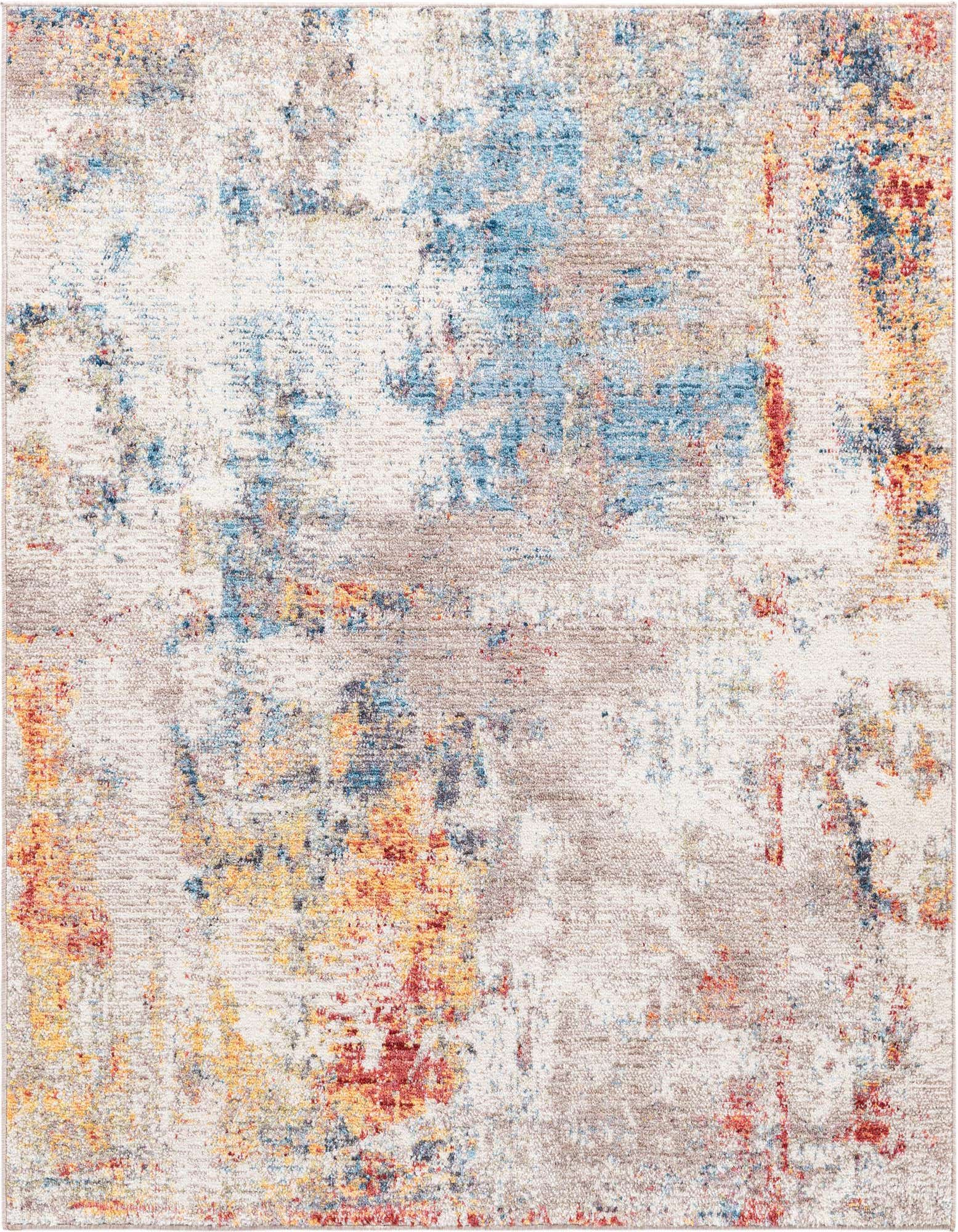 A 5'x5' square multi-colored rug with an abstract, distressed bohemian pattern in blues, reds, oranges, and grays on a cream background.