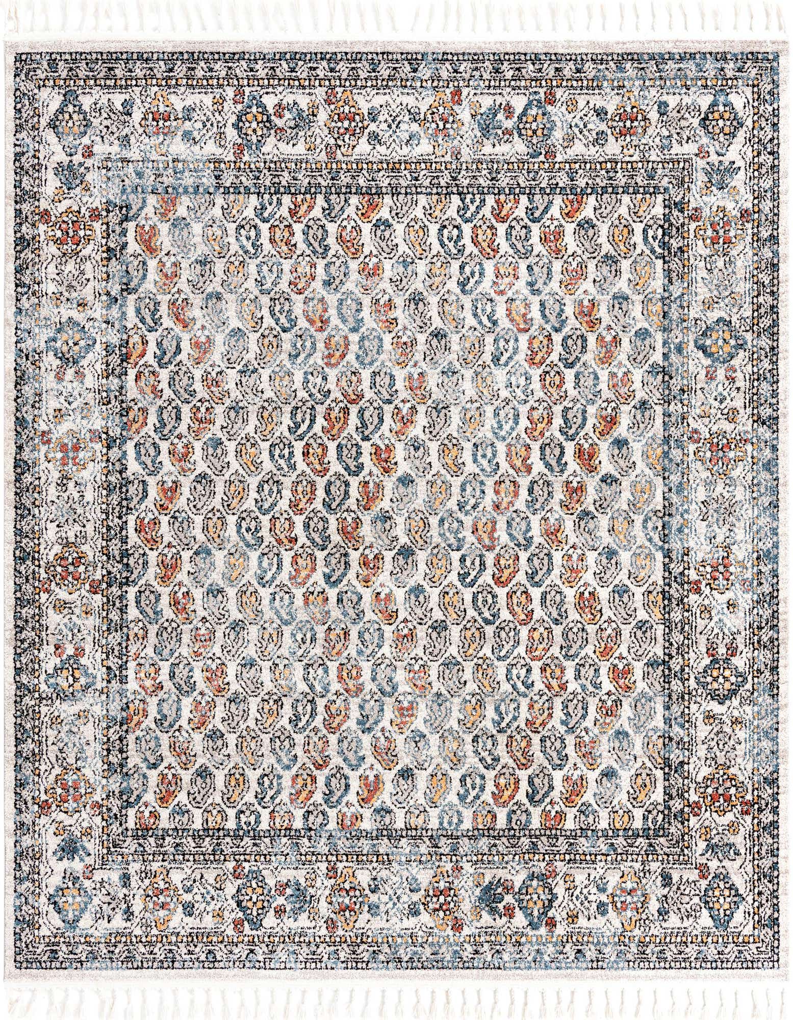 A 7'10" x 7'10" square multi-colored modern rug with a distressed floral pattern and a decorative border.