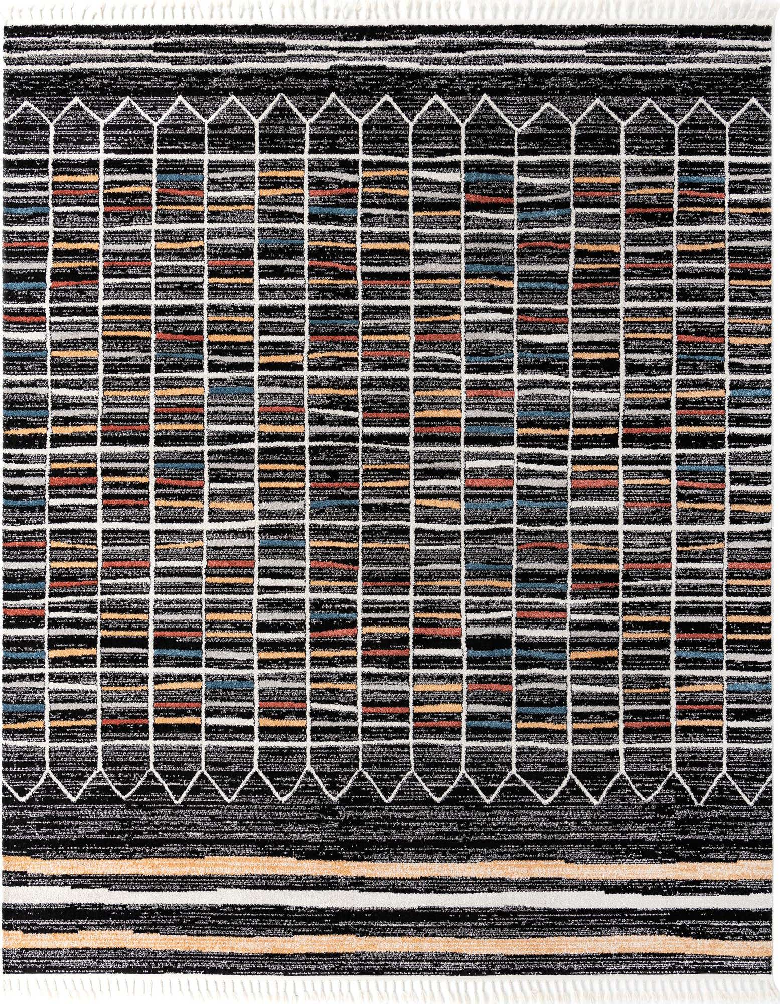 A 12x12 square multi-colored modern stripe rug with a high pile. It features a black background with horizontal stripes in various colors like orange, blue, and white, framed by a white geometric pattern.