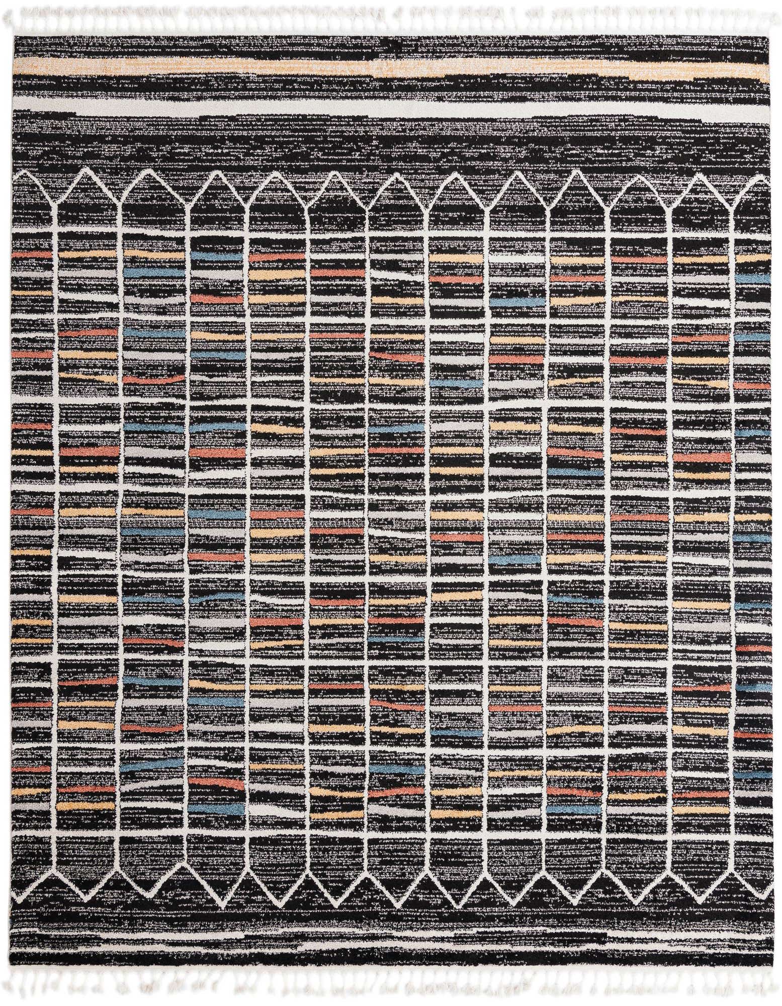 A 10'x10' square multi-colored stripe area rug with a black background, white geometric lines, and colorful horizontal stripes.