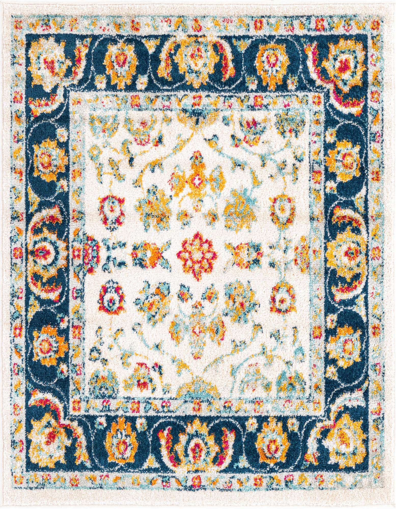 A 4'x4' square multi-colored traditional rug with a cream center, navy border, and vibrant floral patterns.