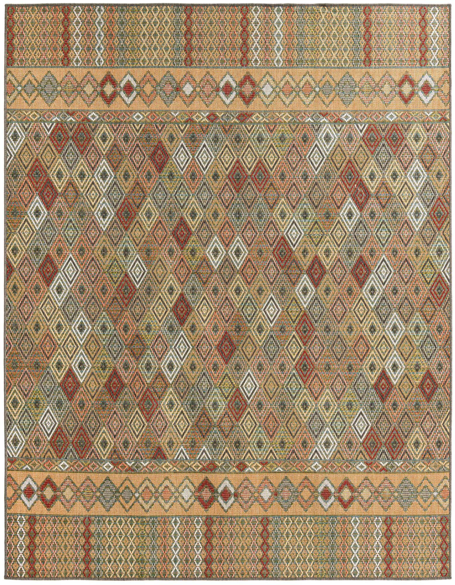 A multi-colored 7' 10 x 7' 10 square Baja Outdoor rug with a modern trellis pattern, suitable for a patio.