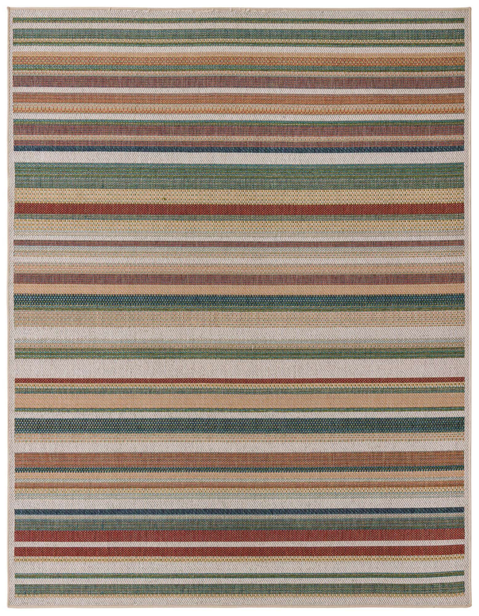 A 7' 10 x 7' 10 square multi-colored striped rug with thin pile, ideal for a patio.