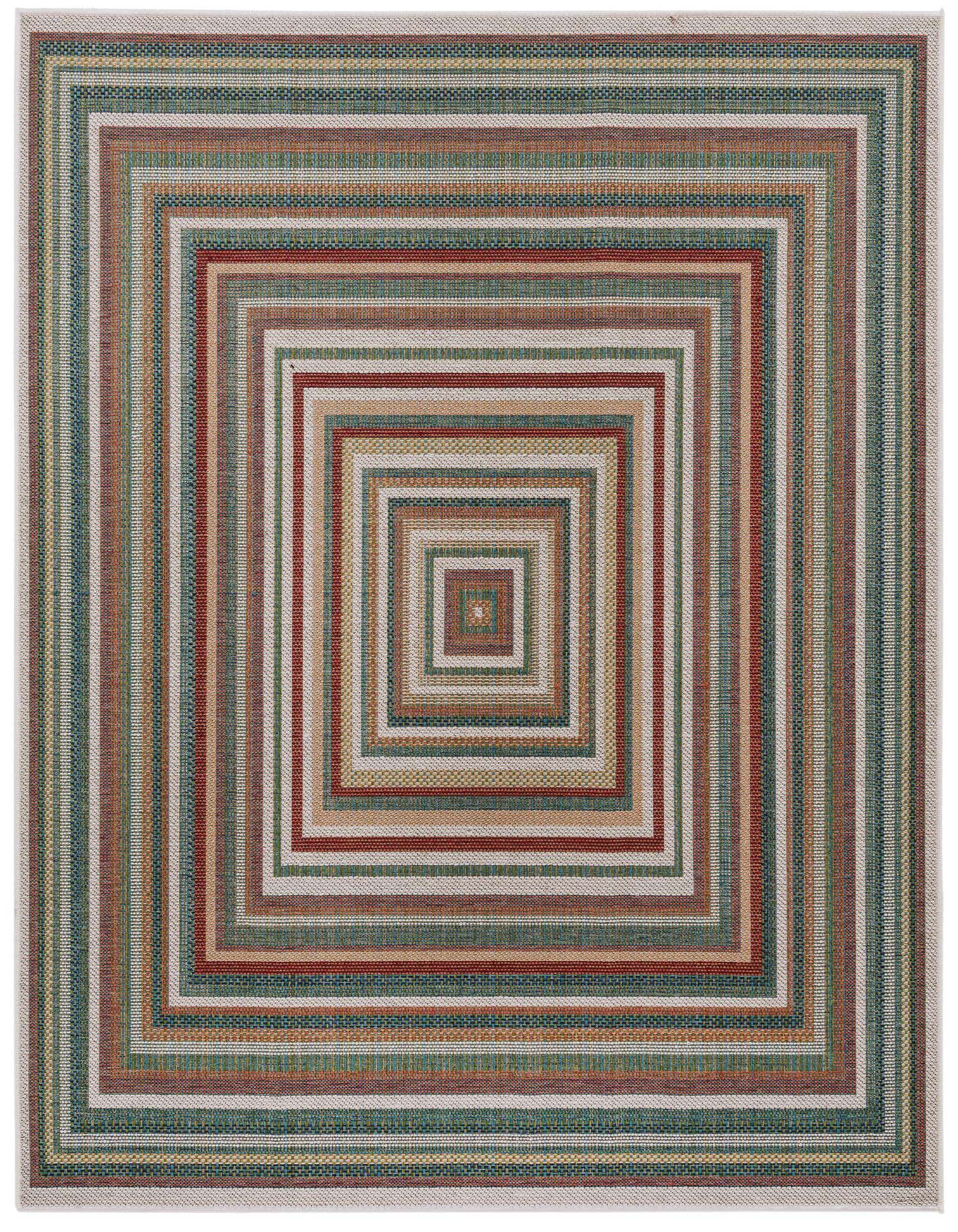 A square multi-colored Baja Outdoor rug with a concentric square stripe pattern in various shades of red, green, blue, and beige.
