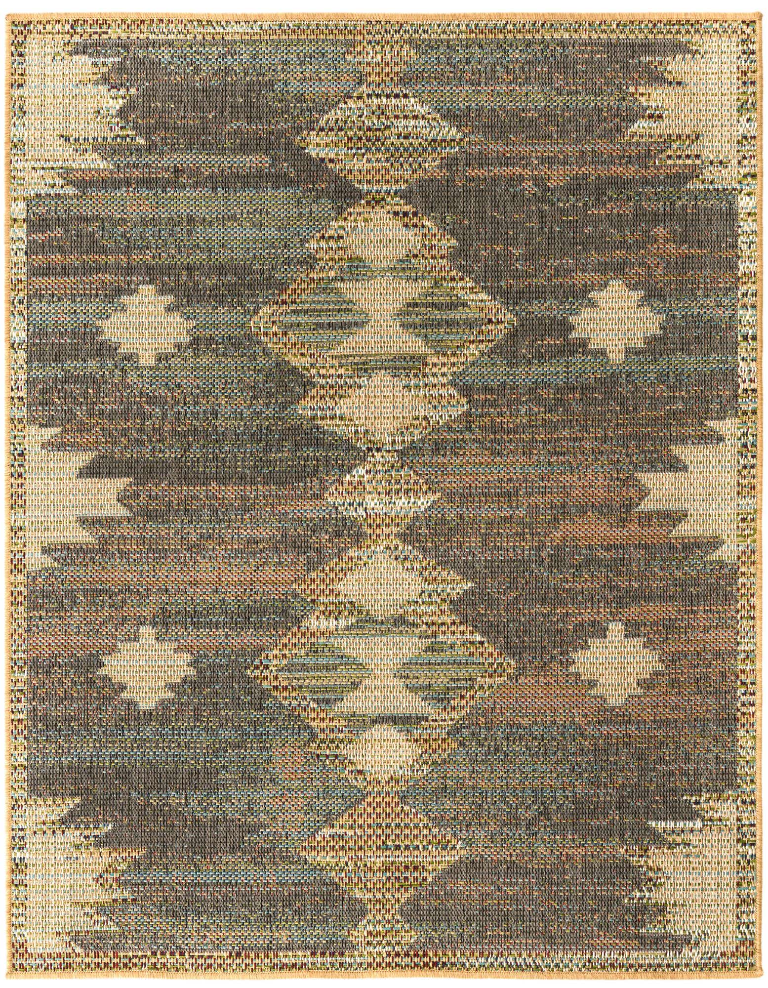 A 5' 3 x 5' 3 square Baja Outdoor rug featuring a multi-colored Southwestern and tribal pattern with diamond and star-like motifs.