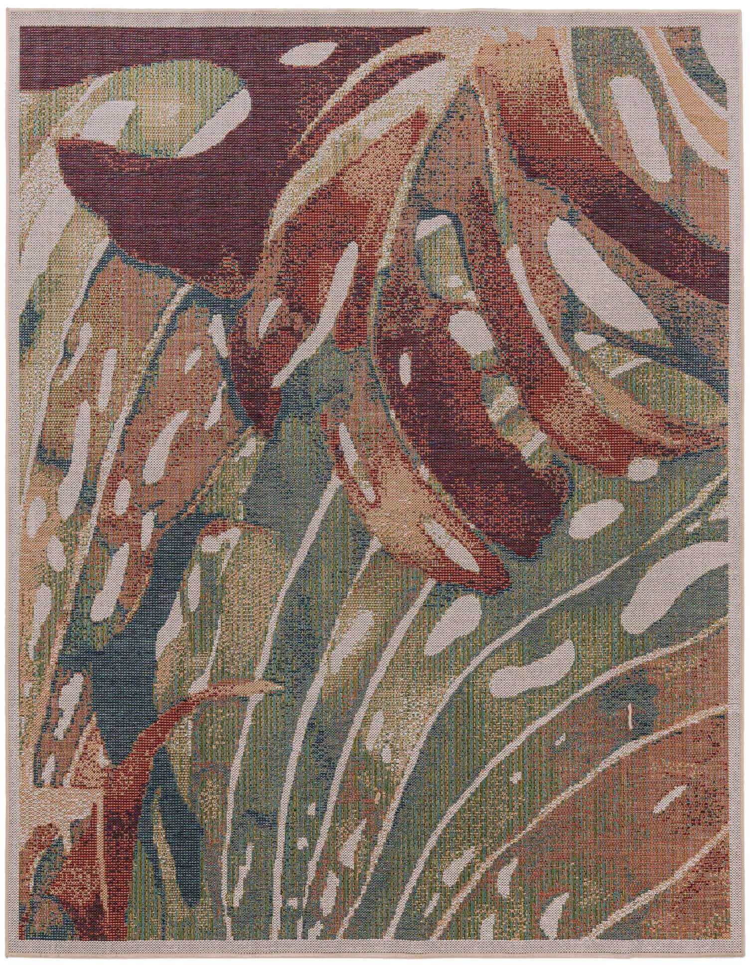 A multi-colored square rug featuring large, abstract botanical leaves in shades of green, rust, and beige with a thin pile.