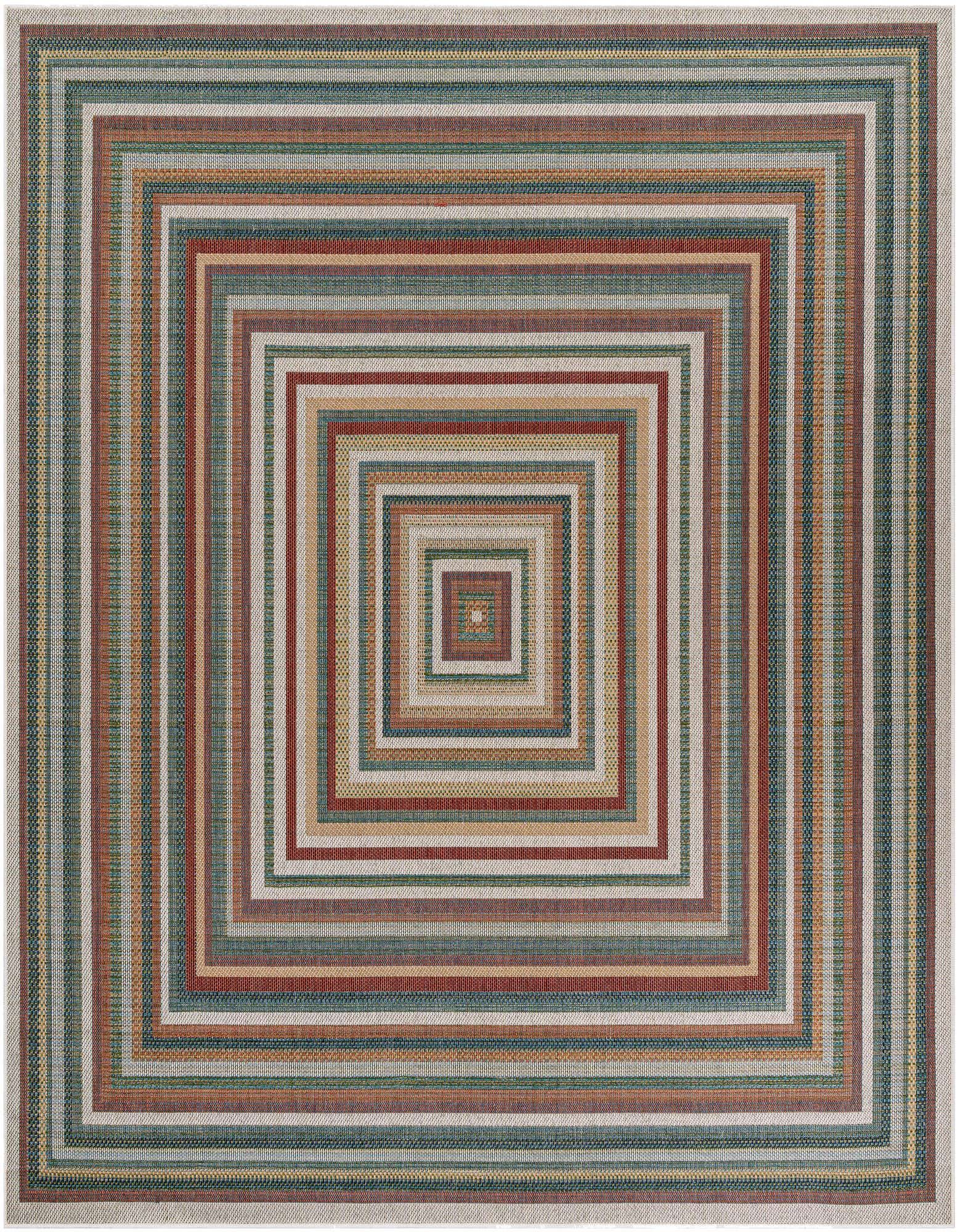 A 10' square multi-colored rug with a modern concentric square stripe pattern, suitable for indoor or outdoor use.