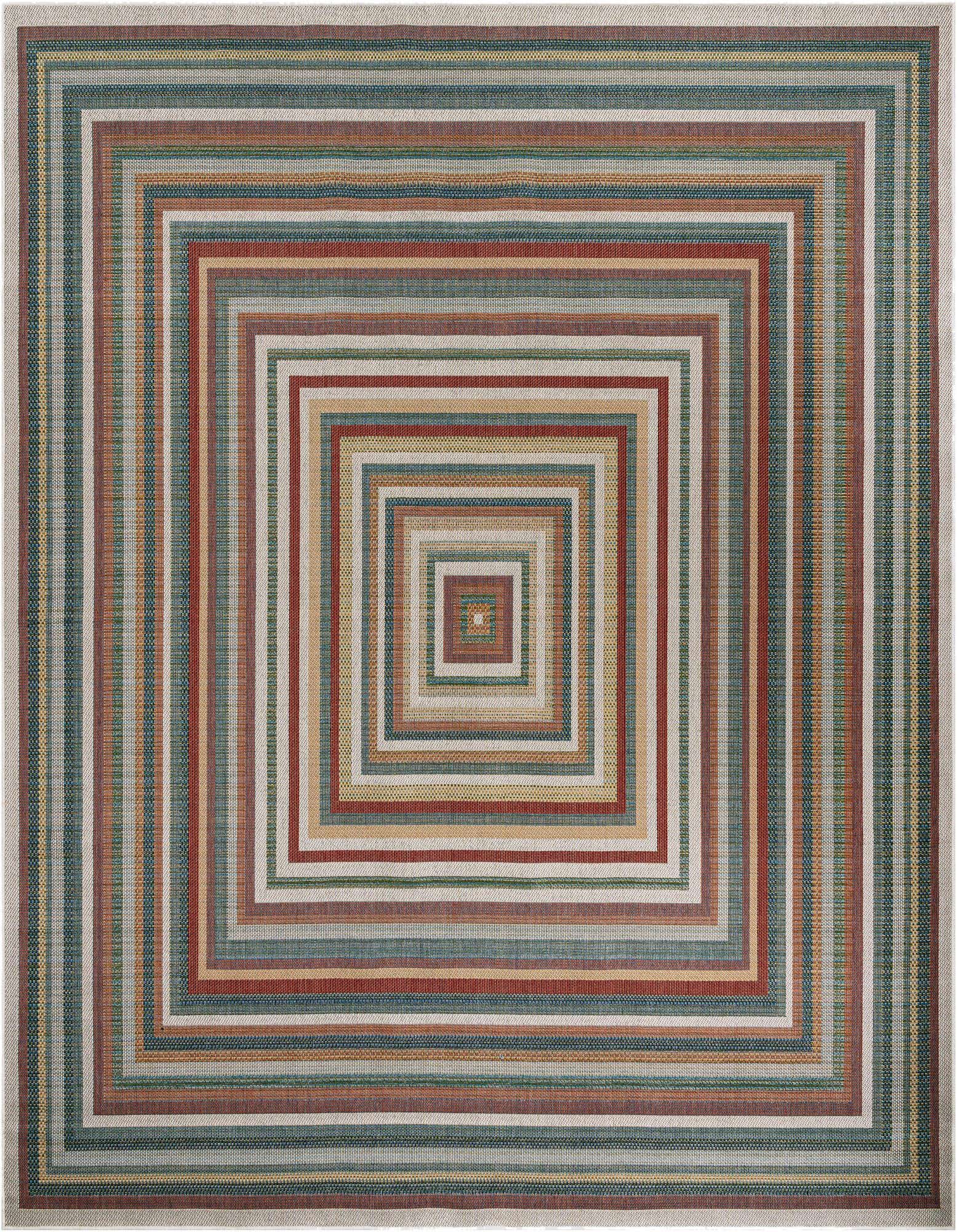 A 12'x12' square multi-colored flatweave rug with a modern concentric stripe pattern, ideal for indoor or outdoor use.