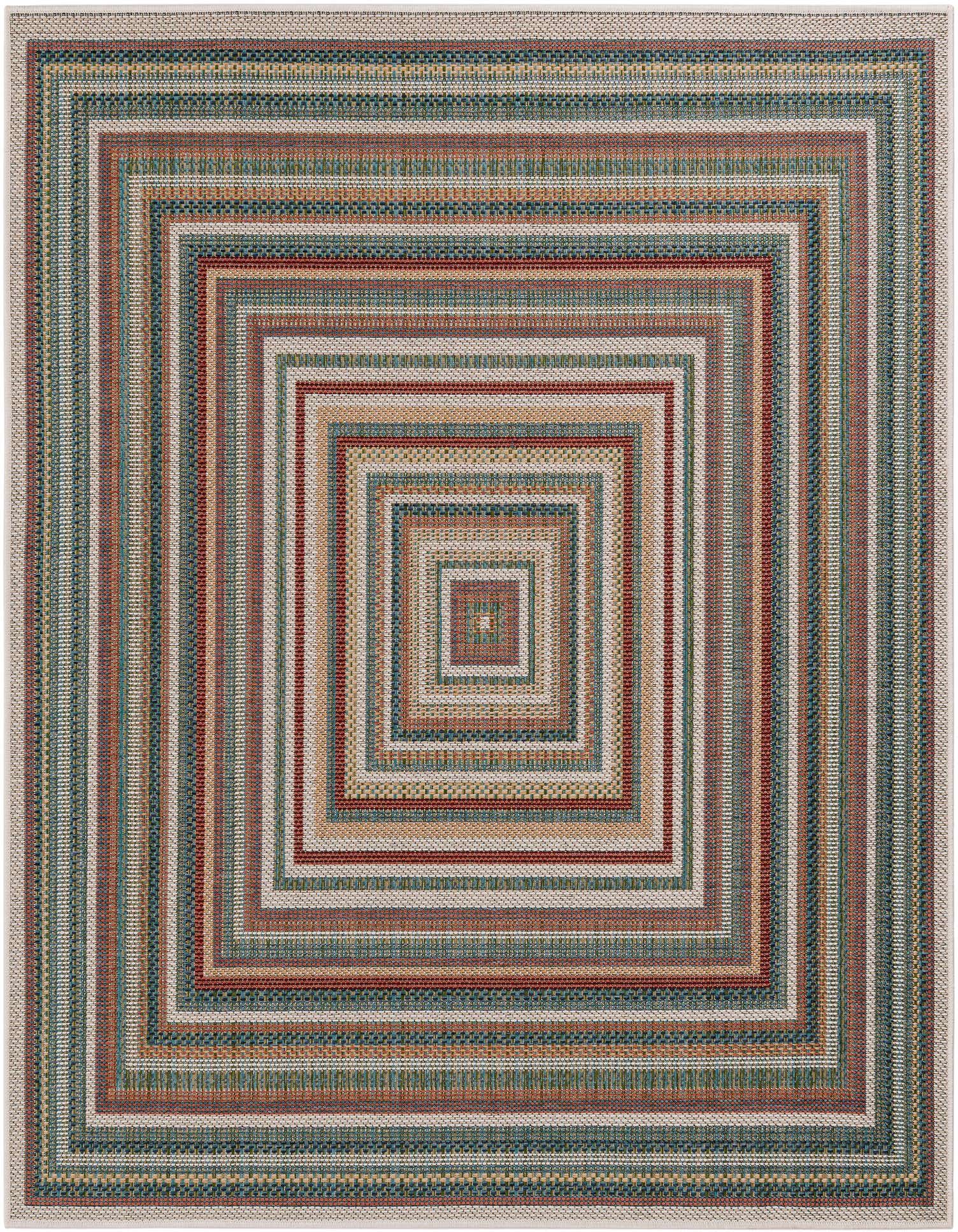 A 6'x6' square multi-colored rug with concentric square stripes in various earthy tones, suitable for indoor or outdoor use.
