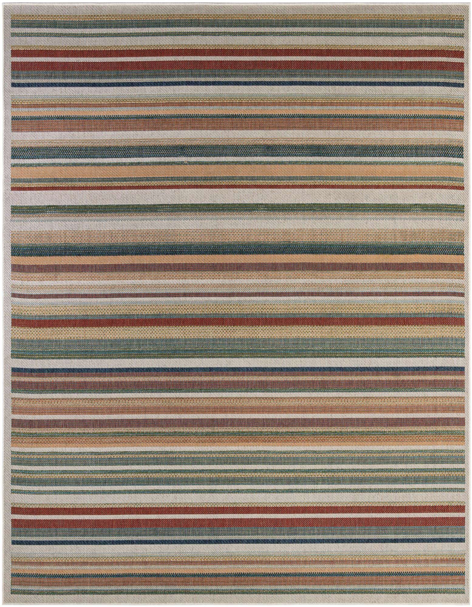 A 10'x10' multi-colored square rug featuring horizontal stripes in various widths and earthy tones, suitable for indoor or outdoor use.
