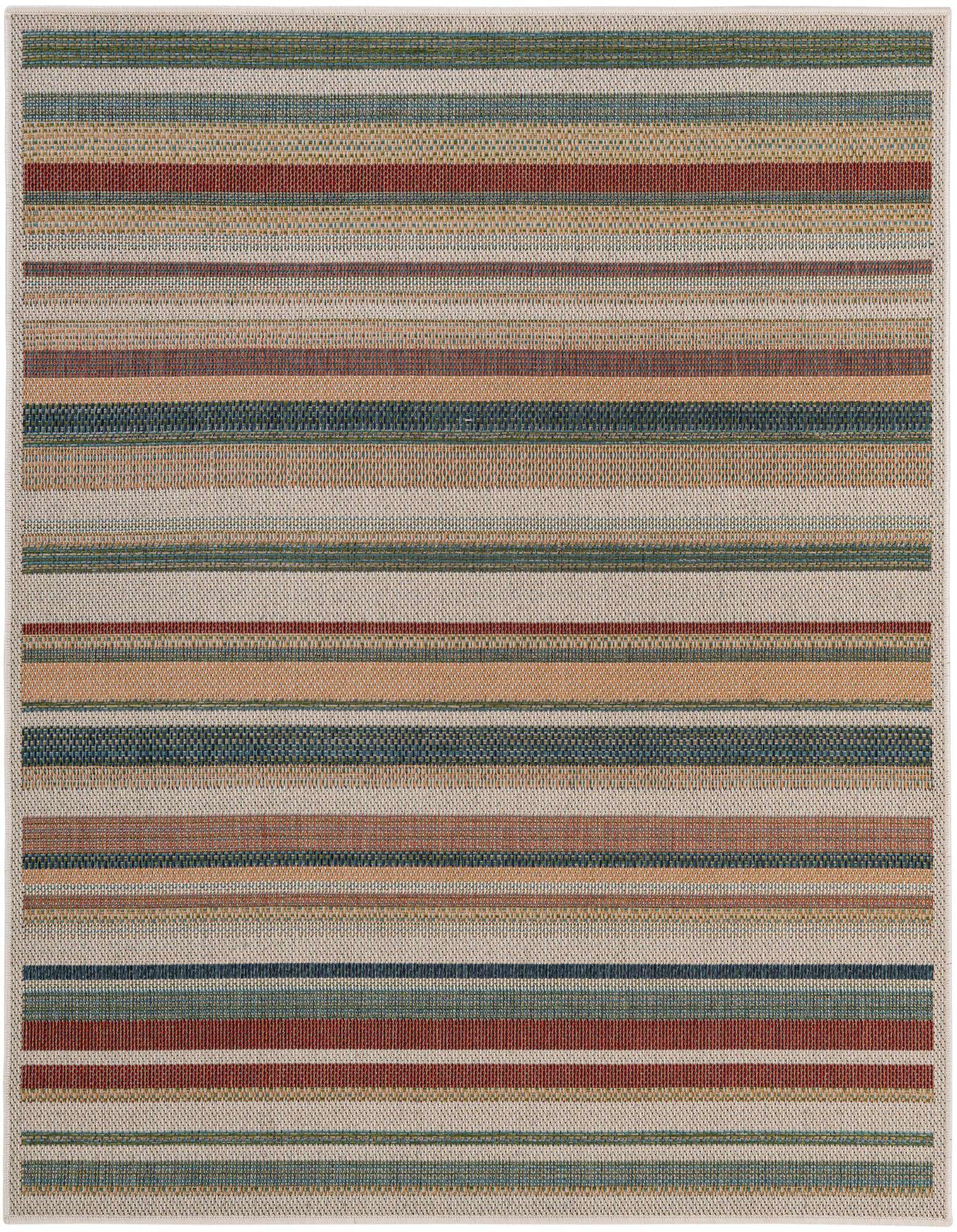 A 6'x6' square multi-colored modern stripe flatweave rug, featuring thin bands of red, blue, green, and beige.