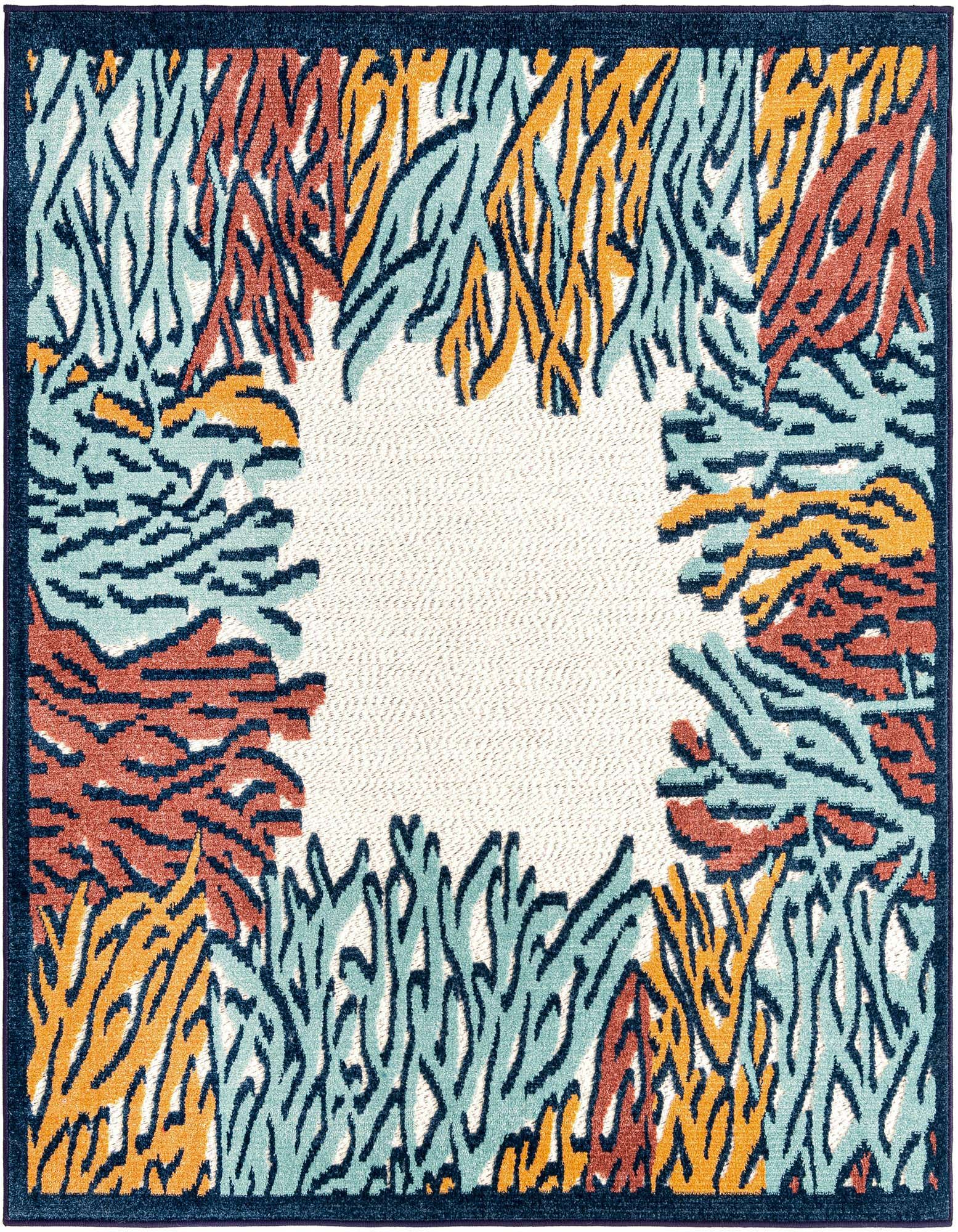 A 5' 3 x 5' 3 square multi-colored rug with an abstract coral reef pattern and a solid white center, ideal for a patio.