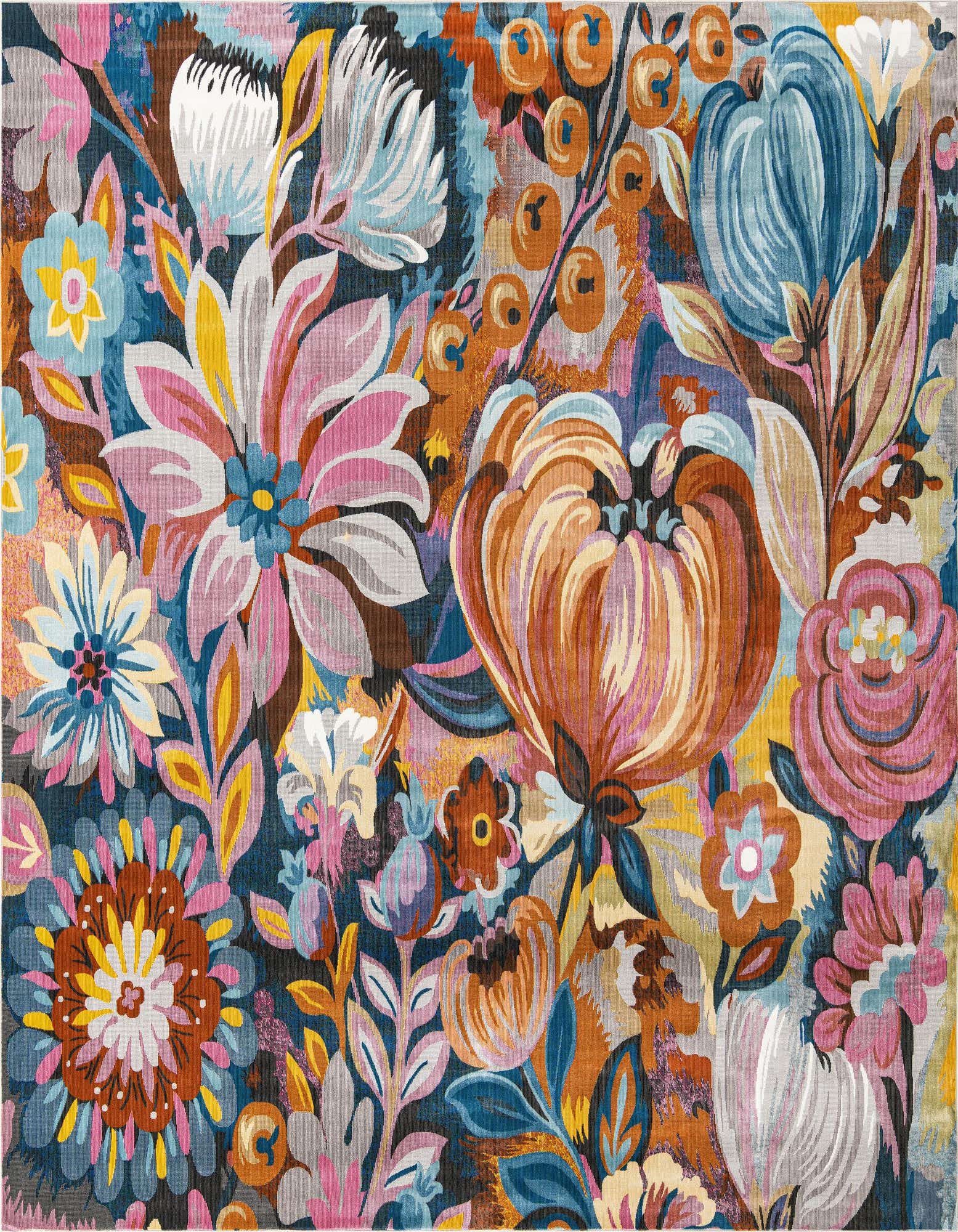 A vibrant 10'x10' square multi-colored rug featuring an abstract tropical floral pattern with large pink, blue, and orange blooms on a dark background.