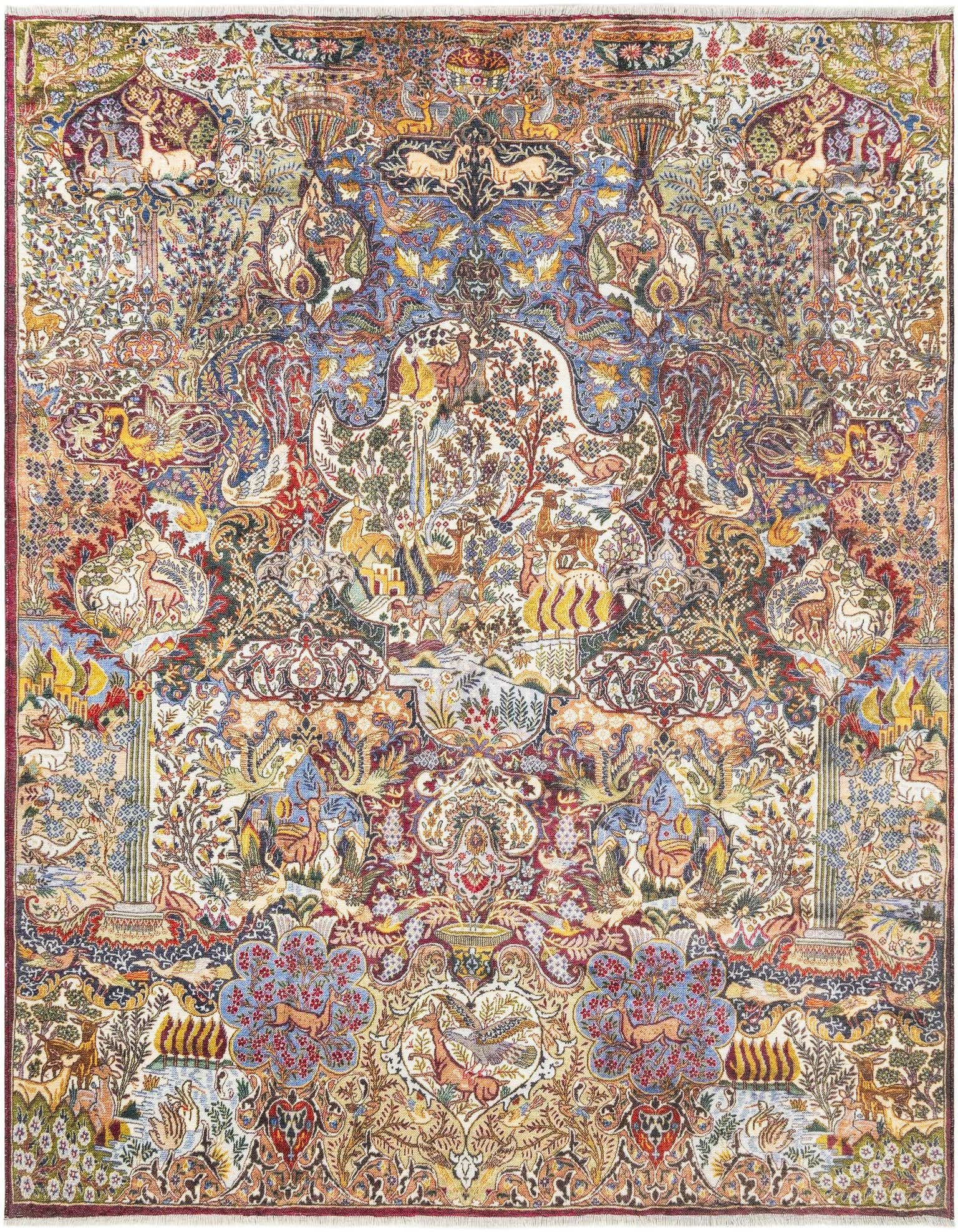 A vibrant 7' 9 x 7' 9 square multi-colored modern rug featuring a detailed, intricate pattern of deer, birds, and trees, perfect for an indoor living space.