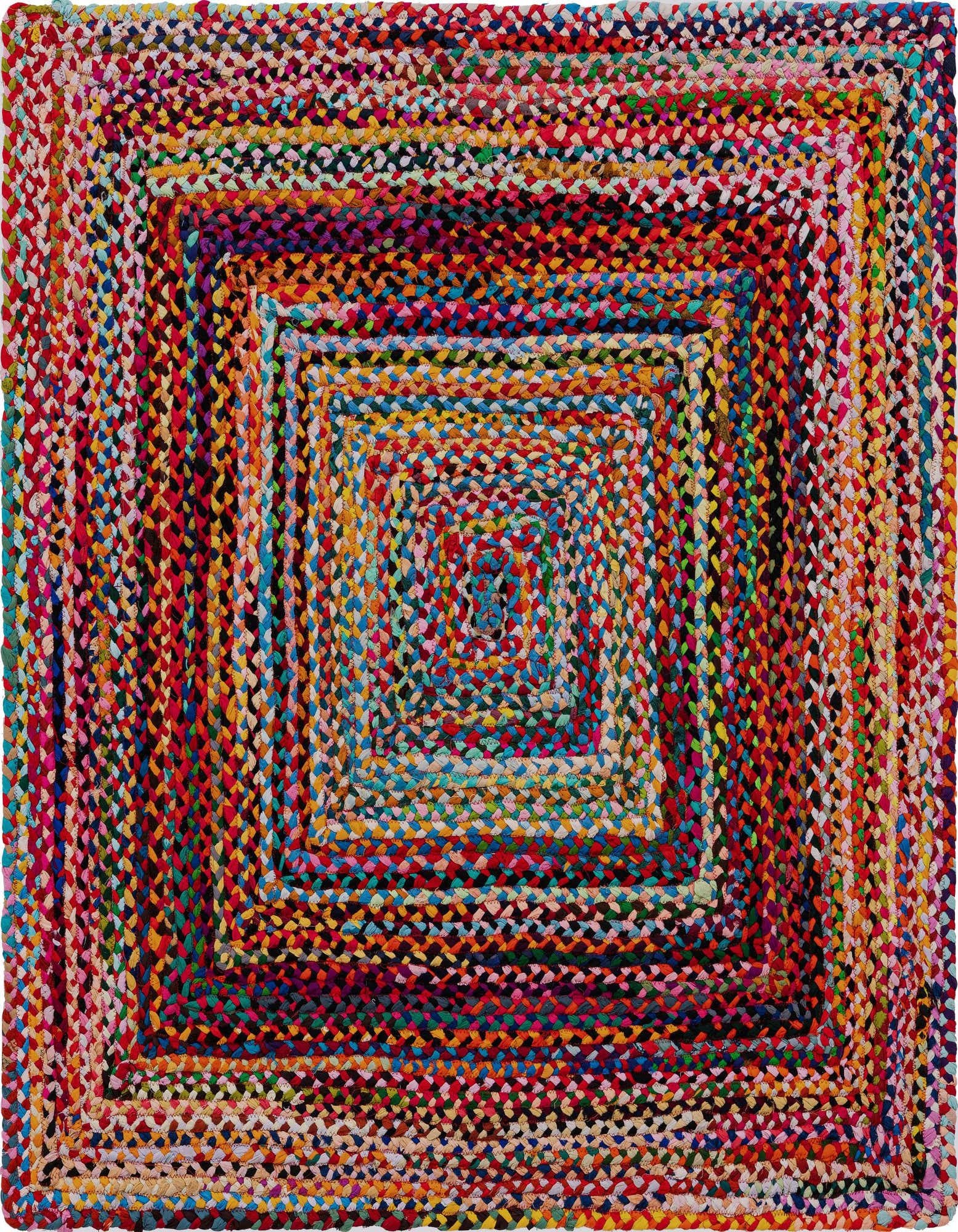 A vibrant 5' 1 x 5' 1 square braided chindi rug, handmade from multi-colored recycled cotton, featuring a concentric square pattern.