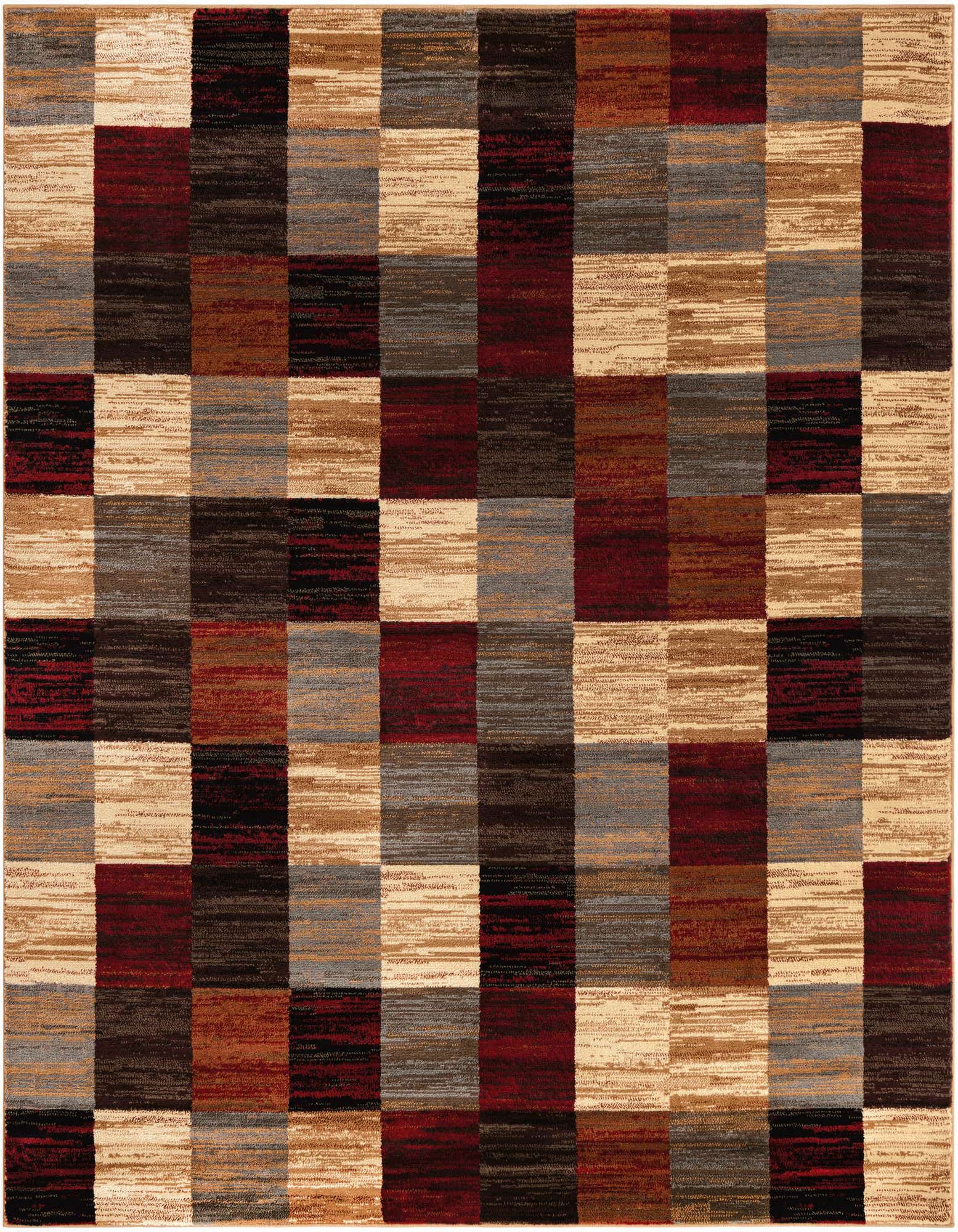 A 7'x7' square multi-colored rug with a modern checkerboard pattern in shades of red, brown, beige, and grey.
