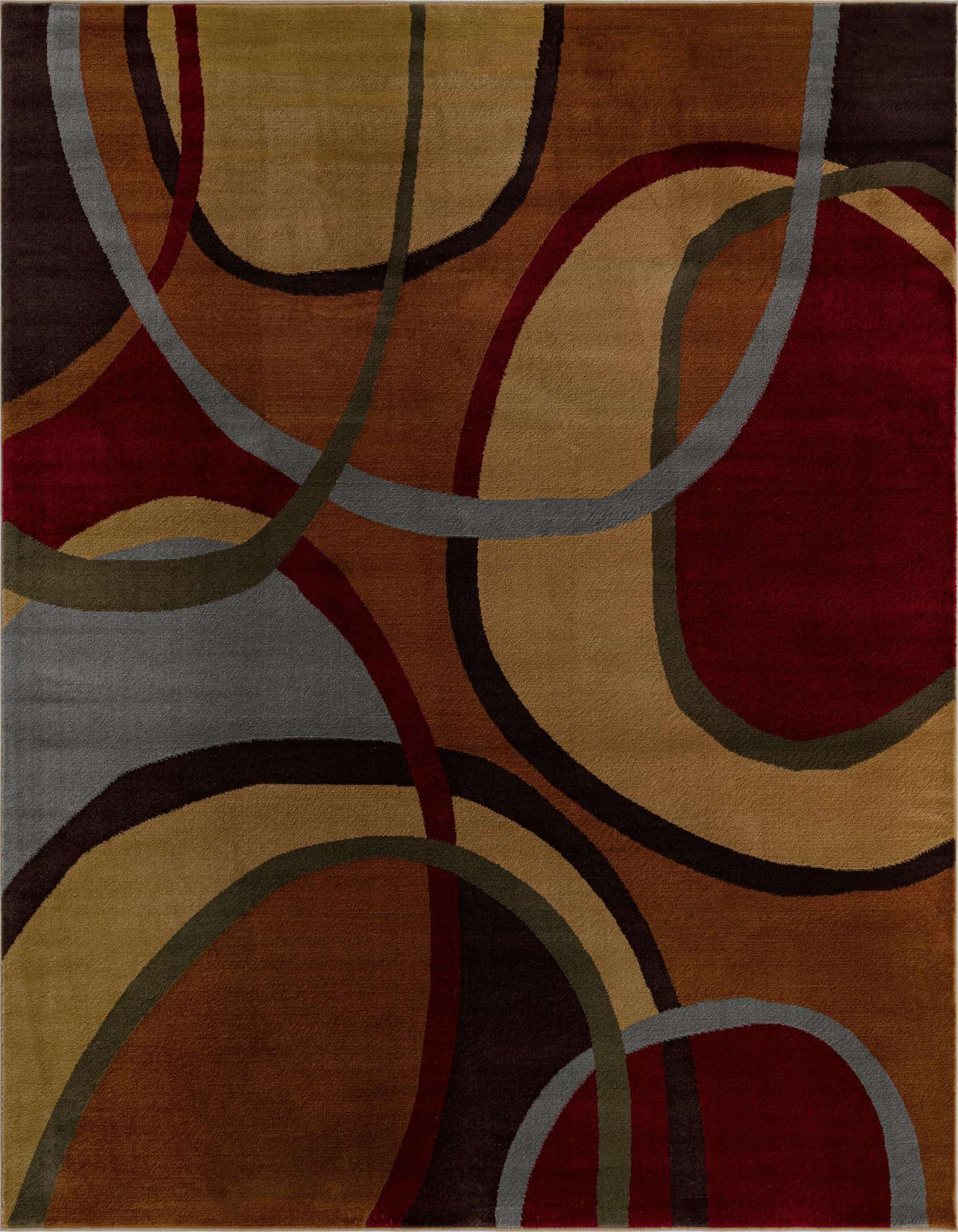 A 7' 10 x 7' 10 square rug featuring a modern abstract pattern with overlapping circles and lines in multi-colored shades of red, brown, tan, and grey.