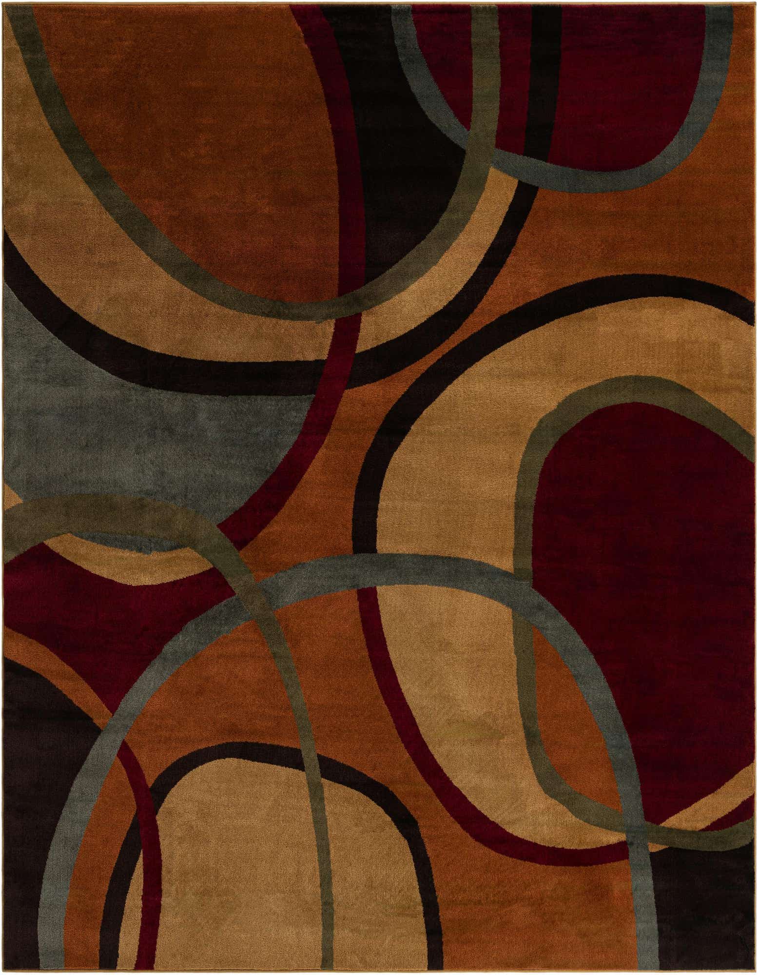 A 10x10 square multi-colored modern abstract rug featuring overlapping circles and organic shapes in shades of brown, gold, rust, deep red, and charcoal.