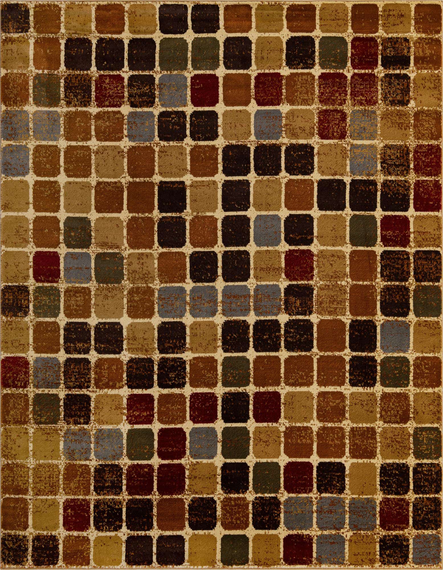 A square, multi-colored modern area rug featuring a grid pattern of varied brown, blue, green, and red squares on a light beige background.
