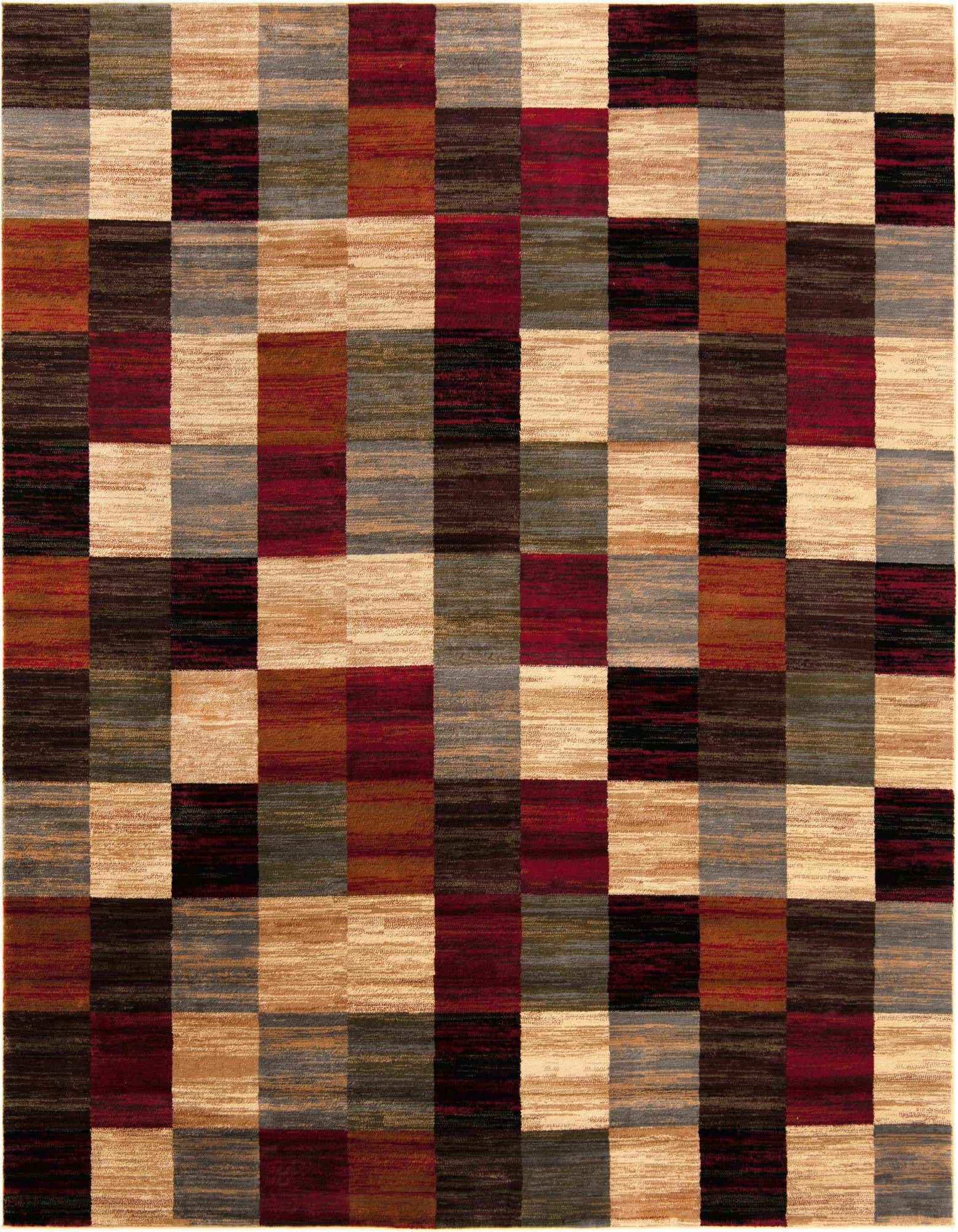 A 10' 0 x 10' 0 square multi-colored rug with a modern abstract checkerboard pattern in shades of red, brown, beige, and gray.
